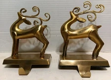 Pier 1 Imports Reindeer Lot Of 2 Metal/Brass? Christmas Stocking Holder Hangers 