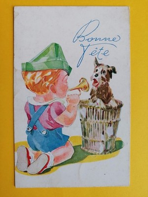 CPA A.D.I.A., SCHÖNE Illustration FROHE FESTE Kind Trompete Hund Korb