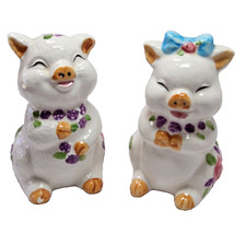 Juego de coctelera de sal y pimienta vintage PIG blanca con flores moradas y lazo azul
