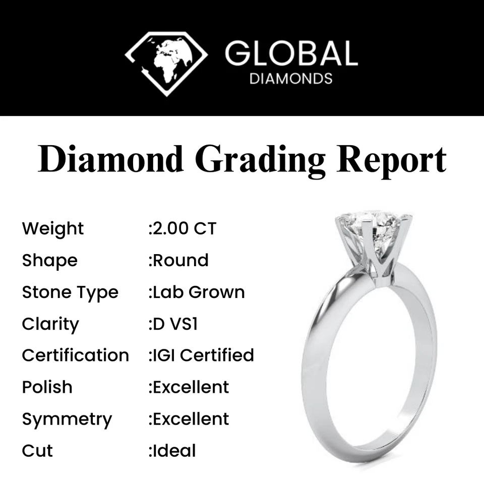2Ct D VS1 Diamond Engagement Rings IGI Certified Round Lab Grown 18K White Gold - Image 3 of 4
