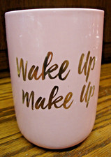 PINK Ceramic Makeup Brush Holder 5" x 3.5" Gold-Lettering WAKE UP MAKE UP  C27