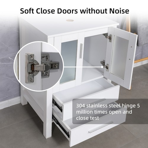 24" White Bathroom Vanity Set Tempered Glass Vessel Sink Cabinet Combo No Mirror - Picture 6 of 13
