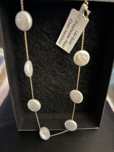 14k Yellow Gold Fresh Water Pearl Station Necklace NEW - 第 1/7 張圖片