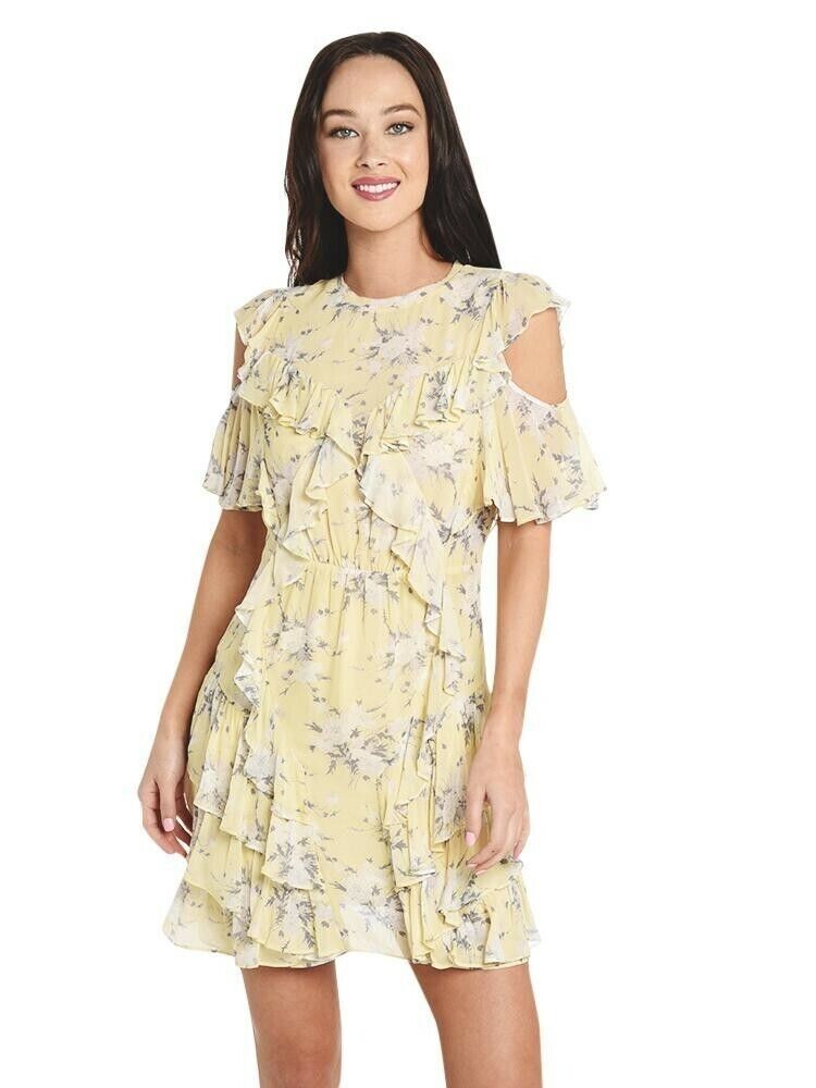 Rebecca Taylor yellow floral flower print silk chiffon ruffle party dress size 4
