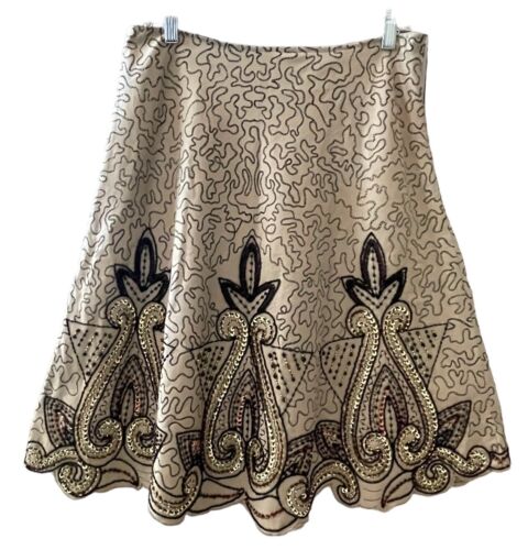 New Basil & Maude Skirt Womens 8 Brown Tan Gold Sequined Beaded Embroidered NWT