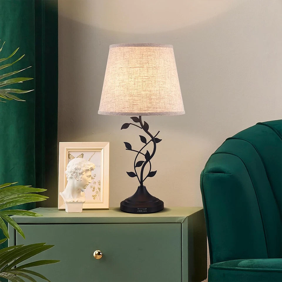 Bedside Table Lamp Touch Tall Nightstand Vintage Leaves Light USB Charge Station - image 2 of 4