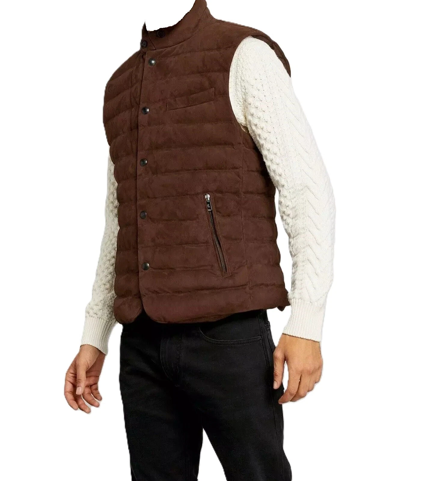 Men's 100% Real Suede Leather Quilted Puffer Vest Soft Suede Brown Waist Coat