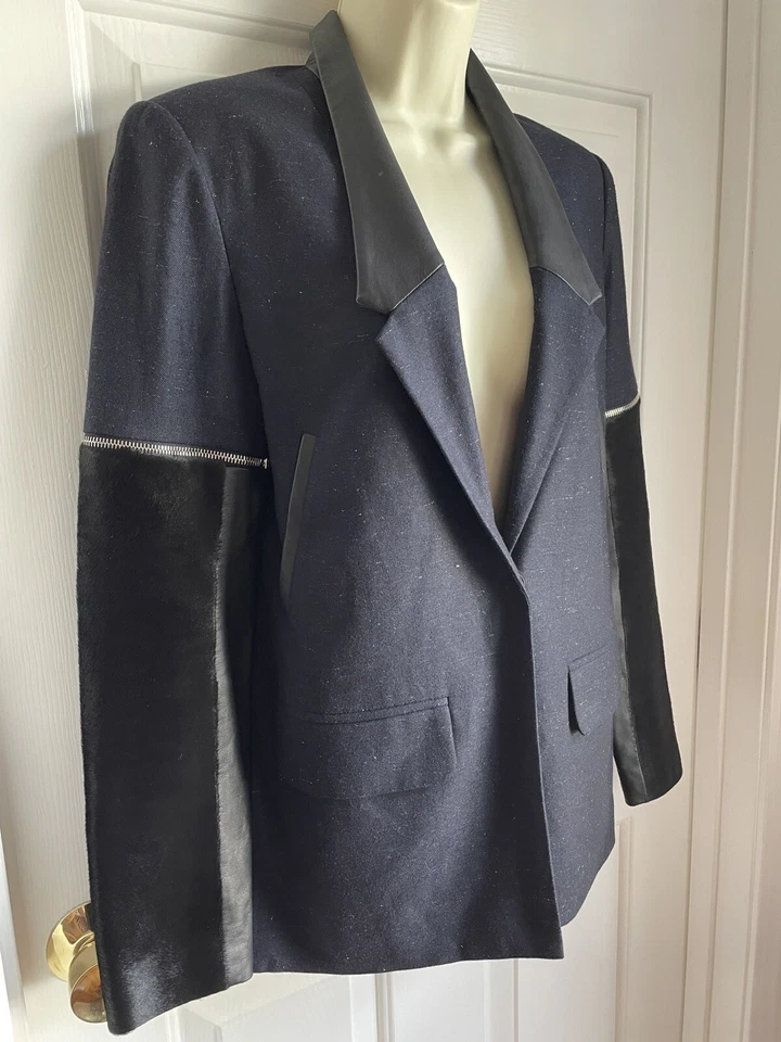 Chaqueta Blazer Yigal Azrouel 4 Azul Negro Piel de Cordero Pelo de Poni Borde a Presión Único Foto 4 de 4
