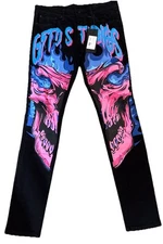 GFTD LA Black Henry Pants Black Gothic Street Wear Punk Skull Flames Size 34 NWT