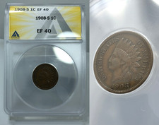 1908-S 1c Indian Head Cent ~ ANACS EF40 (XF40) ~ Key Date Coin EF/XF-40 Penny