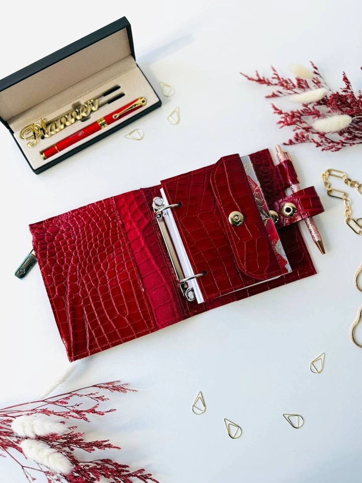 Red leather notebook cover A7 2 rings mini wallet. Dated 2026 planner gift. - Image 4 of 4
