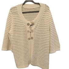 Cream Open Knit 3 Button Front Cardigan Sweater 3/4 Sleeves