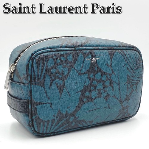 YSL Saint Laurent Clutch Bag Second Bag Green PVC Botanical Pattern Women's