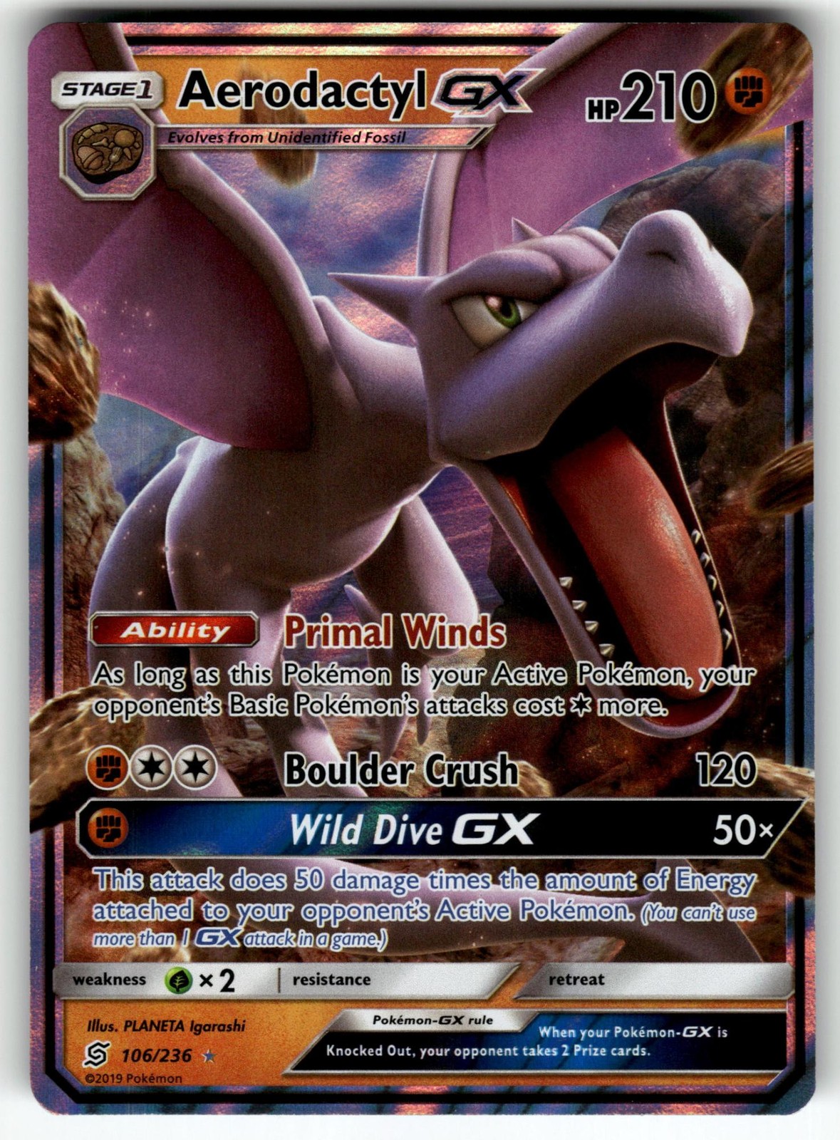 Aerodactyl GX 106/236 Holo GX Rare Unified Minds Pokemon Near Mint