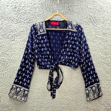 Tigerlily Womens Crop Cardigan Top Size 8 Navy Blue Cream  Long Sleeve Tie