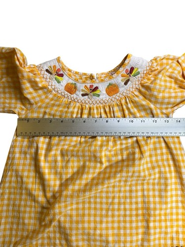Toddler Girl Smocked Thanksgiving Turkey Pumpkin Yellow Checked Dress Size 4T - Picture 9 of 13