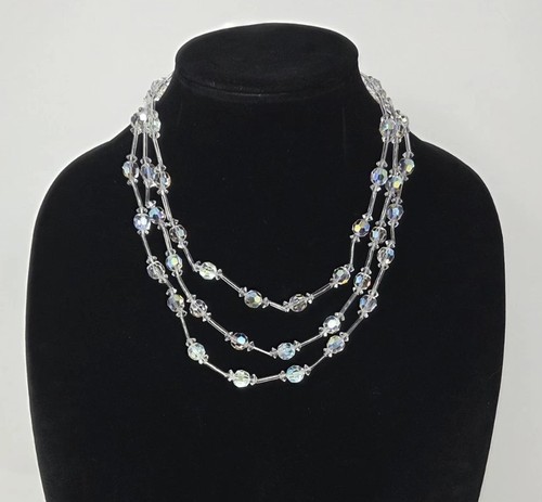 AB Faceted Crystal Beaded 60 Inch Necklace & Waterfall Clip-on Earrings Vintage - Picture 5 of 16