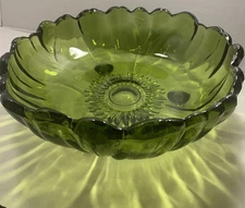 Vintage Indiana Glass Heavy Olive Green Glass Bowl Flower Design 3-Footed 11.5"