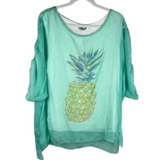 India Boutique Teal Jeweled Pineapple Sheer Poly Silk Tunic One Size Fits All