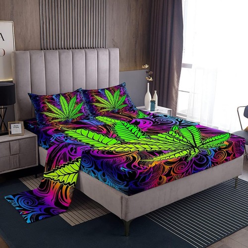Twin Size Trippy Cannabis Leaf Bed Sheet Set - Includes Fitted and Flat Sheets - Picture 2 of 4