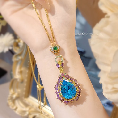 New 20mm Big Ocean Blue Topaz Amethyst Gems Luxury Women Gold Necklace Pendant - Picture 2 of 6