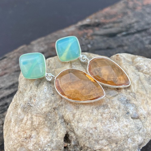 Beautiful Champagne Quartz Aqua Chalcedony Stud Earring 925 Silver Handmade Ear - Picture 5 of 9