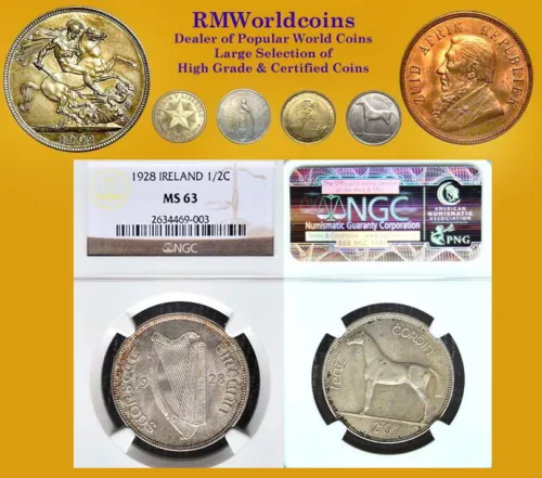 Ireland 1928 Half Crown, NGC 63, Superb BU, Original Lite GoldenToning
