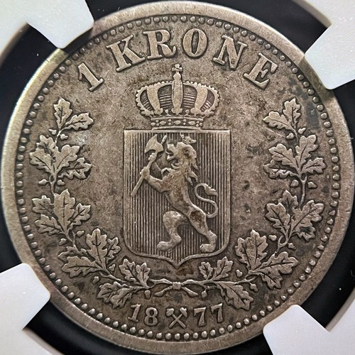 NORWAY. 1877, 1 Krone, Silver - NGC VF30 - Oscar II, Crowned Arms, Lion - Picture 5 of 5