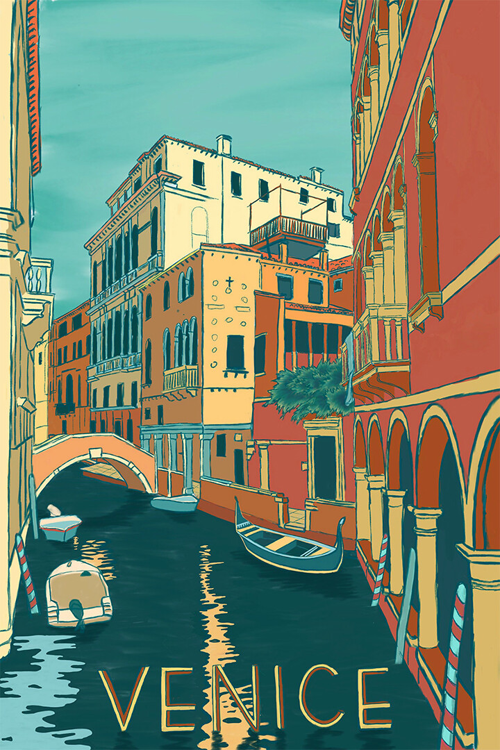 Venice Italy Travel Drawn Original Vintage Wall Art Home Decor