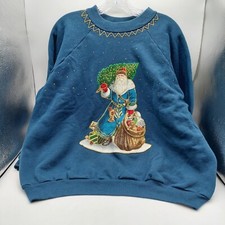 Hanes Christmas Sweatshirt Blue Raglan Size Large Santa Applique Glitter Vintage