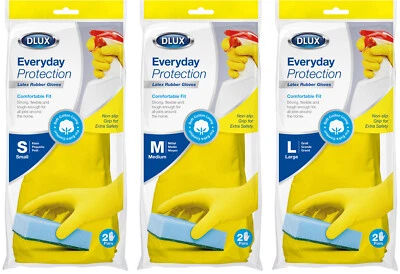 DLUX Household Rubber Gloves Washing Up, 2 Pairs, Cleaning Latex Flock Lined Non Slip