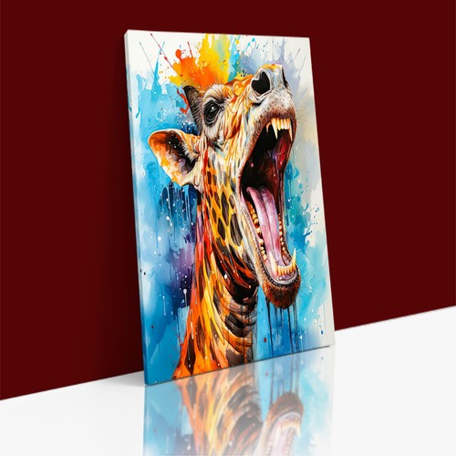 GIRAFFE DISGUSTEDLY SHOWS HIS TEETH WATERCOLOR Abstract Canvas Wall Art Print - 第 1/9 張圖片