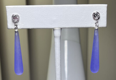 Lavender Jade tear drop dangling earring with Chinese character-Good Luck