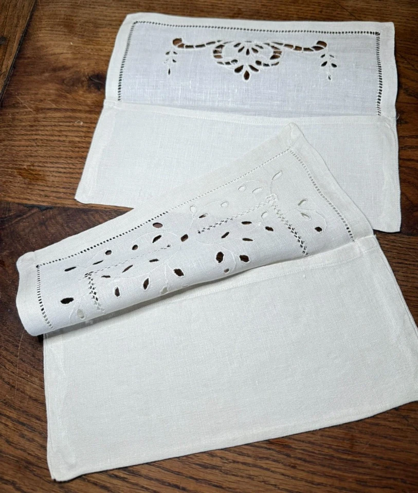 BRODERIE ANCIENNE - ART DE LA TABLE 2 pochettes porte-serviette - lin broderie - Photo 4/4