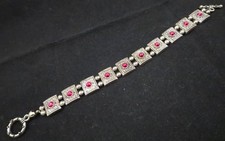 Vintage Ruby Red Rhinestone Ornate Square Bead Toggle Clasp Bracelet Silver Tn