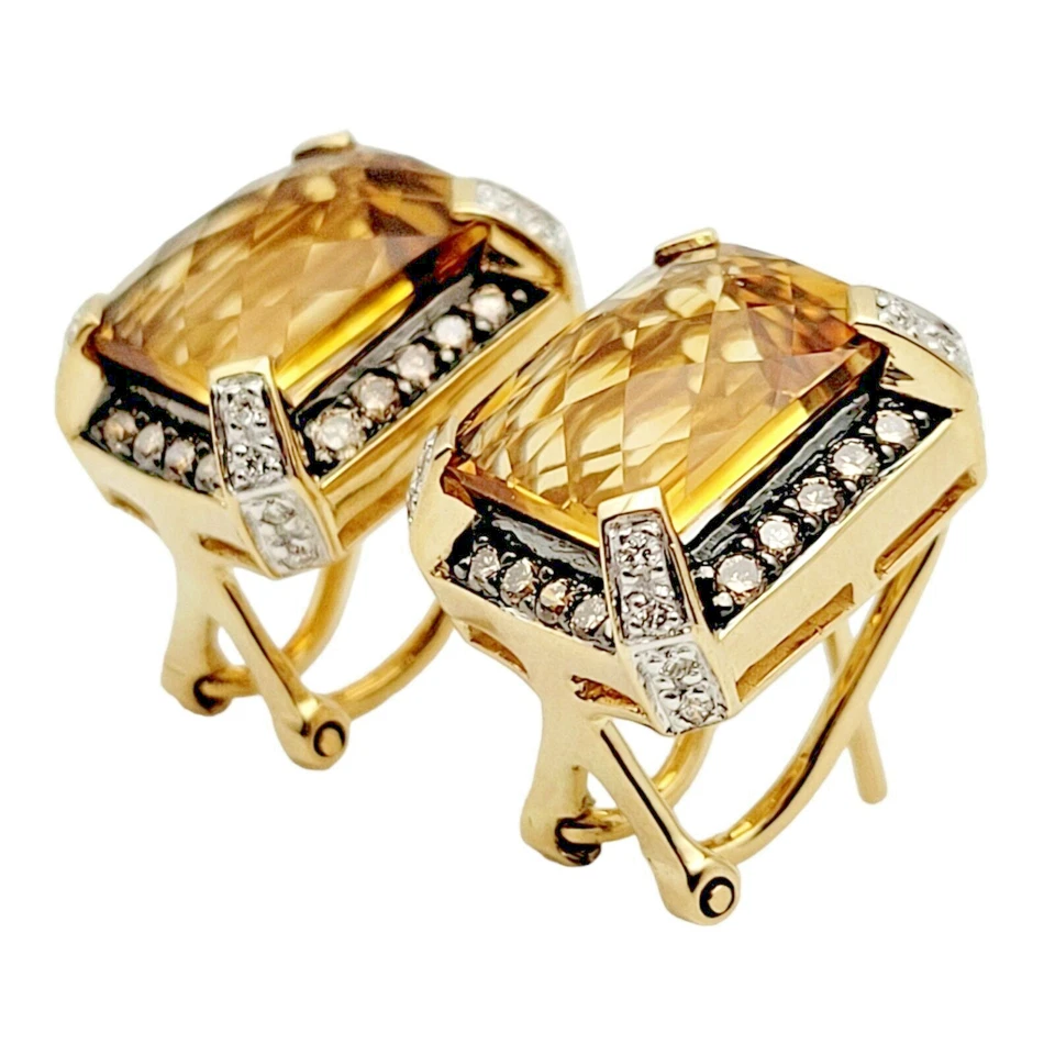 Pendientes corte esmeralda citrino y diamantes marrones/blancos de lujo oro amarillo de 14 quilates Foto 4 de 4