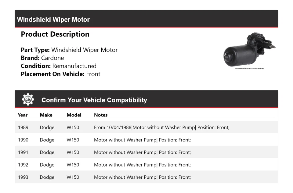 Para Dodge W150 1989-1993 Limpiaparabrisas Motor Delantero Cardone 1990 1991 1992 Foto 2 de 4