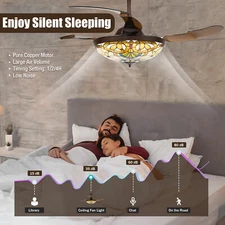 Tiffany Style 42" Chandelier Retractable Blade Ceiling Fan Light With Remote