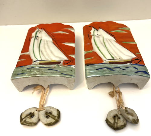 2 Vintage Japan Sailboat Porcelain Wall Pocket Vases w/ Dangling Lifesavers - Picture 2 of 13