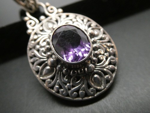 SARDA Bali Amethyst Gemstone Ornate Sterling Silver 925 Pendant Signed - Picture 4 of 6