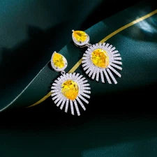 Bling Firework Cubic Zirconia Paved Long Big Yellow Drop Dangling Women Earrings
