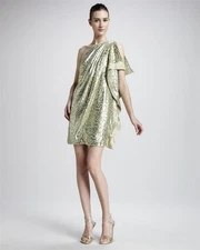 $395 MARK & James Badgley Mischka Gold Silk One Shoulder Brocade Caftan Dress S