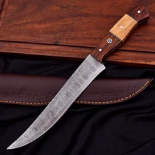 CUSTOM HANDMADE DAMASCUS HAMMERED WOOD HANDLE CHEF KNIFE PREIMUM LEATHER SHEATH