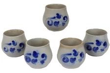 German Salt Glaze Pottery Coffee Tea Mug Set Cobalt Blue Handarbeit Vintage LOT