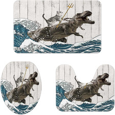 Funny Cat Bath Mat Set 3 Piece, Cool Cat Dinosaur Japanese Ocean Wave Decor Soft