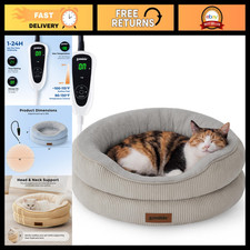 Heated Cat Bed for Indoor Cats - 25 Timer, 11 Temp Settings, Cozy Grey Design