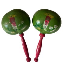 Genuine Mexican Real Handmade Wooden Hand Painted Green Maracas APPROX 5" Dia
