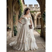 Vintage Victorian Wedding Dresses Off-Shoulder Ruffles Lace Trim A-Line Gowns