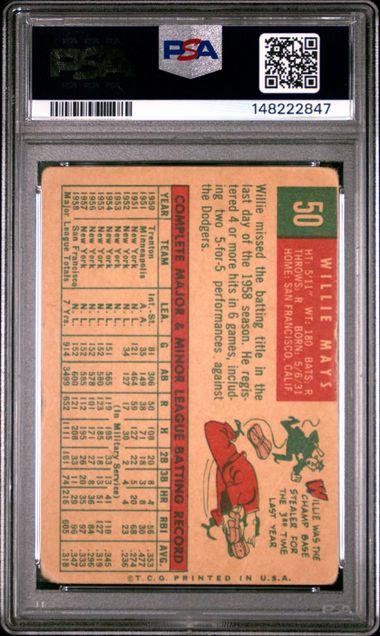 1959 Topps Baseball Trading Card WILLIE MAYS #50 San Francisco Giants PSA 1 view 2