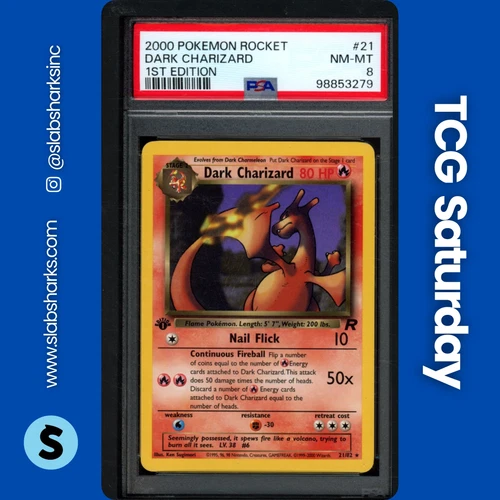 2000 POKEMON TEAM ROCKET FIRST EDITION #21/82 DARK CHARIZARD RARE PSA 8